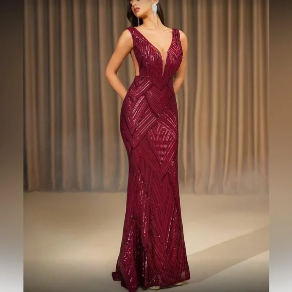 Luxe mermaid hem back evening party formal prom wedding sequin dress - Picture 3 of 6